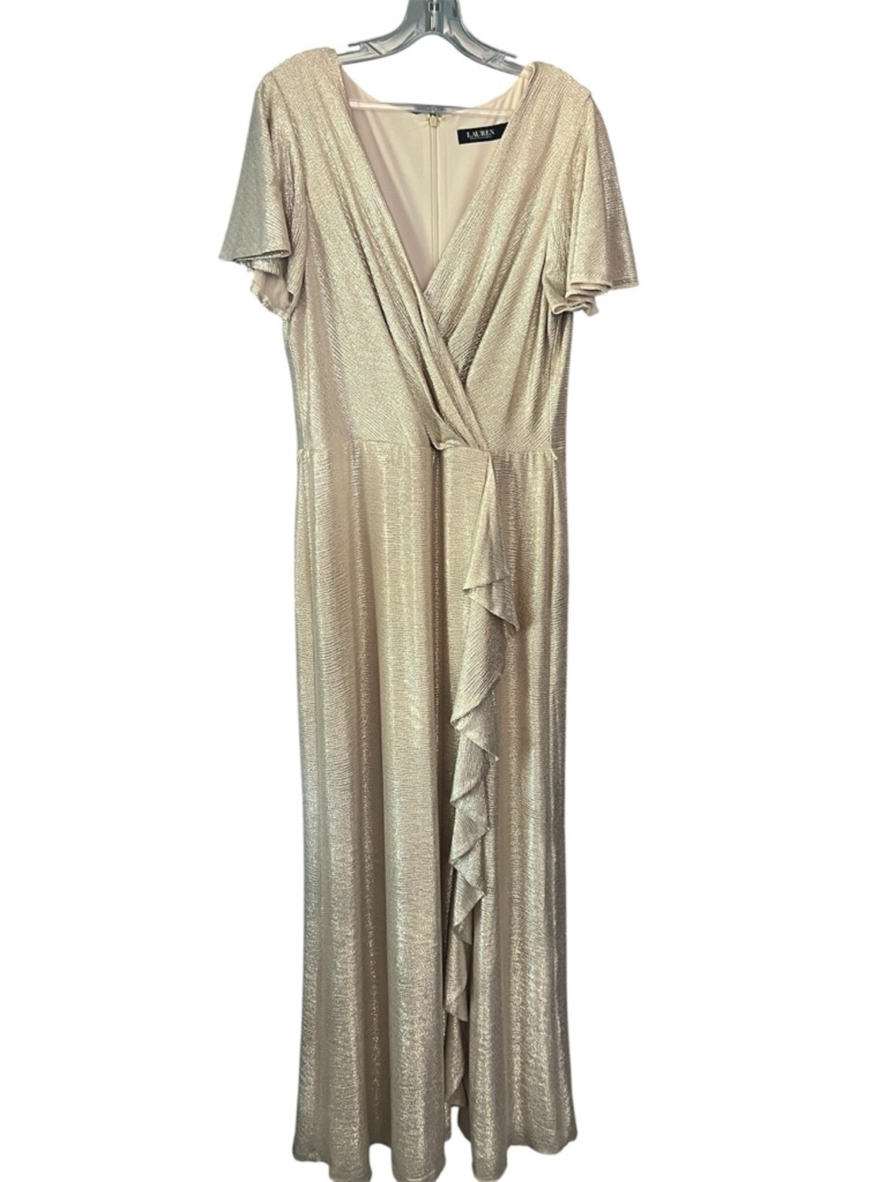 Shimmery Cream Wrap-Front Ruffle Maxi Dress